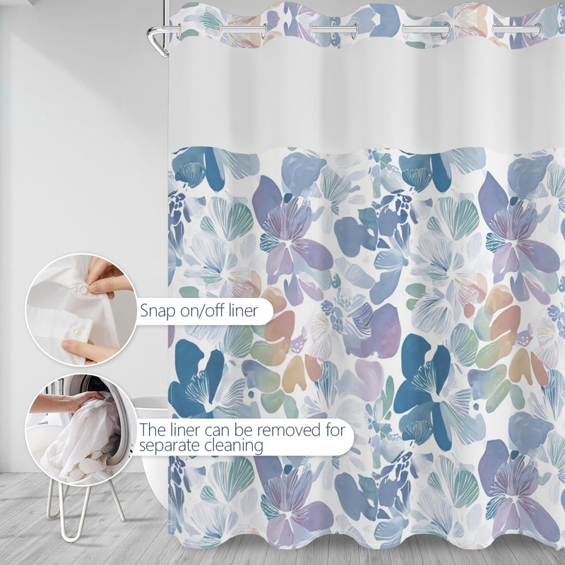 NAEMBCU Boho Floral No Hook Shower Curtain with Snap in