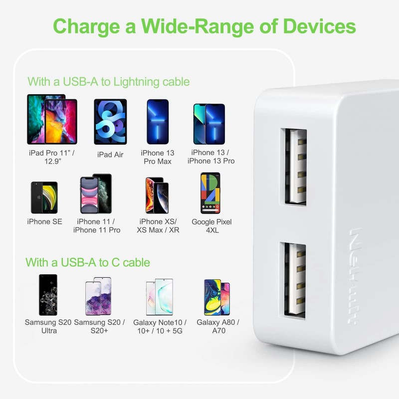 Nekmit Dual Port Ultra Thin Flat Usb Wall Charger With