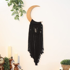 Dormitology Macrame Moon Boho Wall Hanging, Black Bohemian Wood Ornament with Long Tassel, Handmade Unique Moon Phases Wooden Art Home Decoration for Bedroom Children's Room Living Room