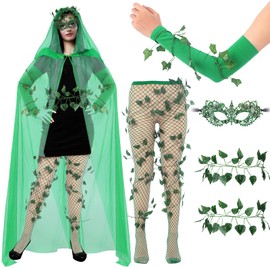 ShinyMatch 7 Piezas Disfraces Verdes de Halloween para Mujer Adulta Capa, Vendaje para el Brazo, Guantes Verdes, Medias de Rejilla y Antifaz Conjunto de Accesorios para Cosplay de Vides