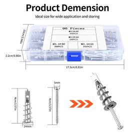 Pack of 90 Self-Drilling Plaster Dowels, Cavity Dowels, Metal Plasterboard Dowels with Screws, Drywall Dowels for Plasterboard Walls, with Self-Tapping Screws, Mounting in Plasterboard Concrete Bricks