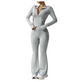 SOLY HUX Women's Sports Tracksuits Zip Up Long Sleeve Top and Flared Yoga Pants Set Workout Outfits Activewear Solid Grey Medium