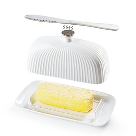 Getstar Ceramic Butter Dish with Lid and Stainless Steel Knife for Countertop, with Magnet to Attract Knife, Fit West East Coast Butter (White)