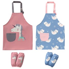 2 Pack Kids Apron for Boys Girls with Adjustable Strap Waterproof Toddler Aprons with Pocket Sleeves Set (3-5T, Cat+Horse)