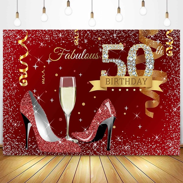 Sensfun 7x5ft Red Gold 50th Birthday Backdrop Glitter High Heels
