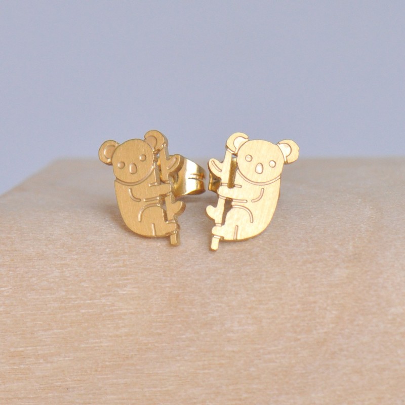 HUAN XUN Gold Koala Bear Earrings Animal Stud Earrings for