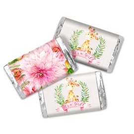 Amanda Creation Watercolor Dahlia Floral Giraffe Girl Baby Sprinkle Baby Shower Mini Chocolate Candy Bar Sticker Wrappers, 45 1.4" x 2.6" Wrap Around Labels, Great for Party Favors