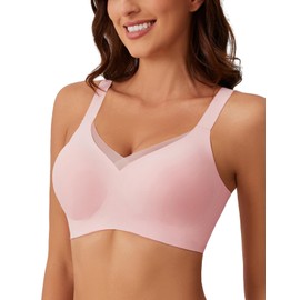 MOEOZLLO Mesh V Neck Bra Women's Without Underwire Soft Cups Bustier Women's High Elasticity Bra Without Underwire with Additional Bra Extension, pink