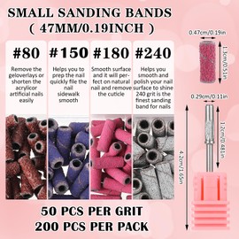 200Pcs Small Sanding Bands for Nail Drill, Mini Sanding Bands with 3.1mm Mandrel Drill Bits, 80/150/180/240 Grit Nail File Sanding Bands for Nails Polish, Manicures and Pedicure