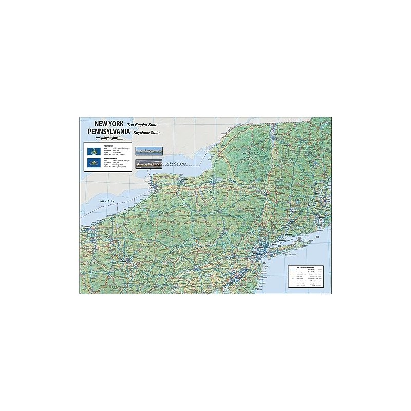 New York and Pennsylvania Physical Map - 23.3 x 16.5