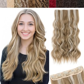 SEGO 20 Inch One Piece Clip In Hair Extensions Long Wavy Synthetic Clip In Hairpiece With 5 Secure Clips, Golden Blonde Highlights