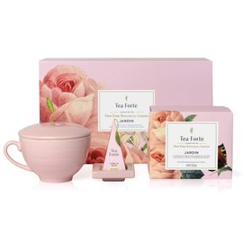 Tea Forte Jardin 3-Piece Premium Tea Gift Set with Rose Pink Cafe Cup with Lid, Tea Tray and 10 Assorted 2 of Each Variety Organic Handcrafted Pyramid Infuser Tea Bags