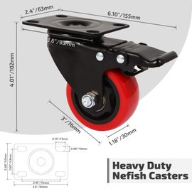 Nefish Casters Wheels Set of 4, 3 Inch Heavy Duty Caster with Brake 1200 Lbs, Safety Dual Locking Plate Castors, Top Plate Swivel Wheels, No Noise Polyurethane Wheels for Furniture, Dollies, Trolleys
