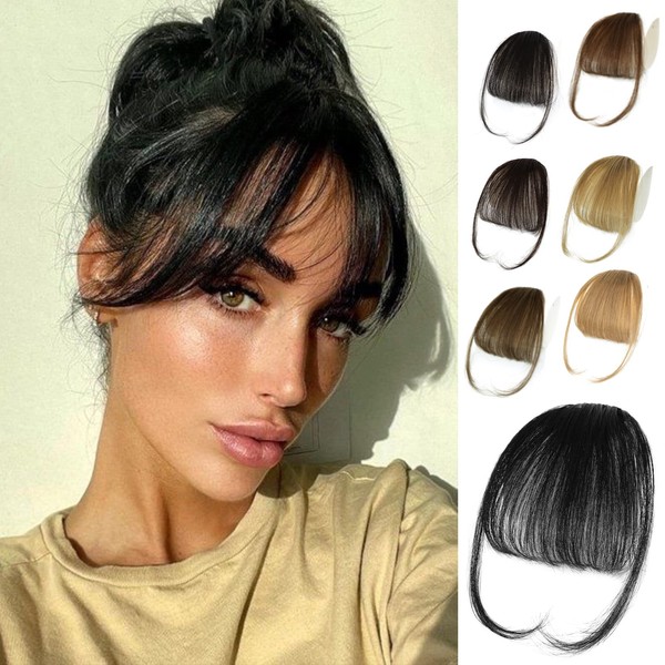 NAYOO Bangs Hair Clip in Bangs 100% Real Human Hair Extensions Natural Black Wispy Bangs Clip on Air Bangs for Women Fringe with Temples Hairpieces Curved Bangs for Daily Wear