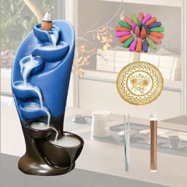 Simcat Ceramic Incense Burner Waterfall Backflow Incense Holder with 20 Incense Cones and 1 Box Fragrance Sticks Smoke Fountain for Room Office Aromatherapy Ornament (Blue)