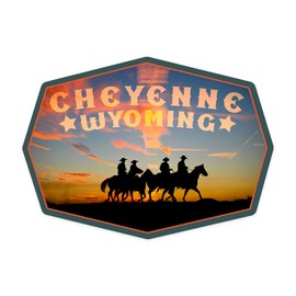Die Cut Sticker Cheyenne, Wyoming, Cowboys at Sunset, Contour Vinyl Sticker 1 to 3 inches (Waterproof Decal for Cars, Water Bottles, Laptops, Coolers), Small
