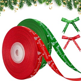 2 Rolls 10 Yard Merry Christmas Ribbon Grosgrain Wrapping Rope with Snowflake Pattern for Christmas Favor Party DIY Crafts Package Decor (White Font)