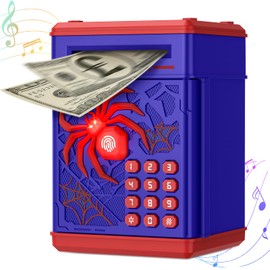 Spider Money Box,Thedttoy ATM Piggy Bank with Fingerprint,Digital PIN Money Saving Box with LED Light,Money Safe for Kid,Birthday Gifts for 3-12 Years Boys Girls-Blue