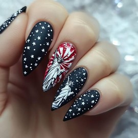 Independence Day Almond Tip Press on Nails Medium Stars Statue of Liberty Pattern Design 4th of July Black Fake Nail Full Cover Matte Acrylic False Nail Artificial Glue on Nails for Women Holiday