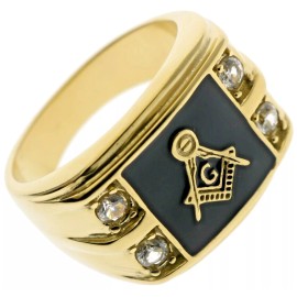 Masonic Mason Black Enamel Men's Ring 4 Cz Accents 18k Gold Overlay Size 10 T37