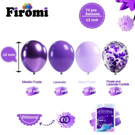 Firomi Metallic Purple Balloons Set 12-inch 70 Pack Chrome Purple and Premium Latex Lavender Lilac and Purple Confetti Balloons for Birthday Bridal Shower Wedding Party (with 2 Ribbons)