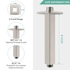 Voolan Shower Arm with Flange, Ceiling Mounted Fixed Shower Pipe, Bathroom Straight Rain Shower Replacement Arm, Universal Connection 1/2 NPT (6 Inch Square, Brushed Nickel)