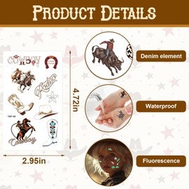 Hying 12 Sheets Cowboy Cowgirl Fluorescent Temporary Tattoos Western World Tattoos Stickers Luminous Desert Guitar Cactus Makeup Face Tattoos for Birthday Party Decorations