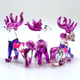Sansukjai 3 Deer Tiny Miniature Figurines Animals Hand Painted Blown Glass Art Collectible Gift Decorate (Clear Purple)