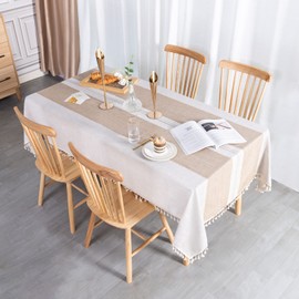 SUNBEAUTY Table Cloth Rectangular Beige 140x200 Cotton Linen Tablecloths With Tassel Wipe Clean for Kitchen Dining Table Cover Decoration - 55x78 inch