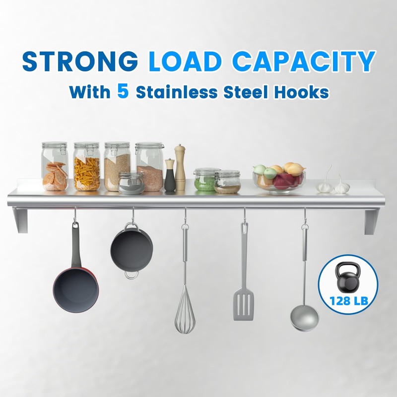 Treshin Stainless Steel Shelf with 5 Hooks 12 x 48