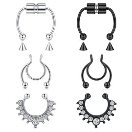 AceFun Gefälschte Nasenringe Edelstahl Fake Septum Nasenring Offene Nase Hoops Non Piercing Clip On Nasenschmuck für Damen Herren Silber Schwarz 6 STK