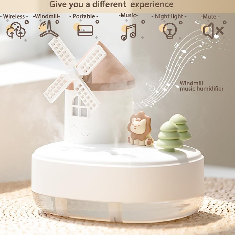 Windmill Music Box Humidifier Creative Bedroom Office Wireless Portable Rotating