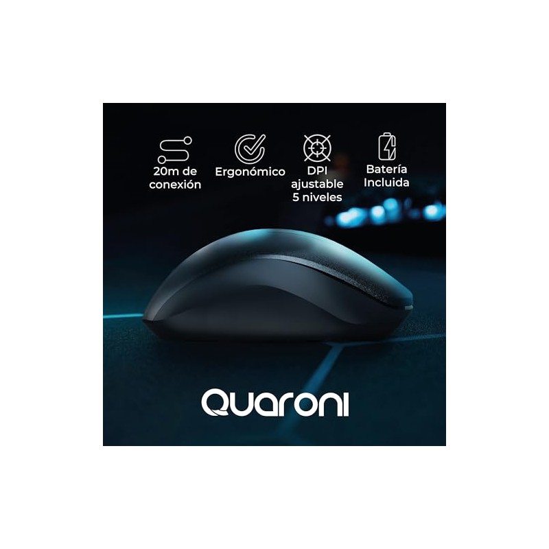 Mouse inalambrico Quaroni. Ergonómico, 3 Botones + Scroll Lateral, 1200DPI.