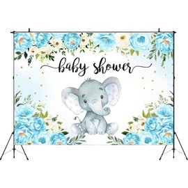 MAYSSKQ Elephant Baby Shower Backdrop Gold Dots Blue Floral Boy Baby Shower Background Jungle Safari Baby Shower Party Decorations Supplies (7x5ft)