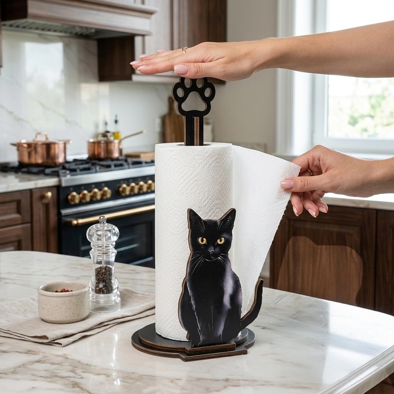 Black Cat Paper Towel Holder - Wooden Paw Kitten Decorative