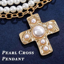 Uranian Pearl Cross Necklaces Layered Pearl Choker Necklace Gold Chunky Cross Necklace Chain Vintage Pearls Jewelry for Women