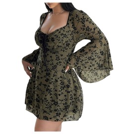 Floerns Women's Plus Size Floral Gothic Dress Flare Long Sleeve Mesh Grunge A Line Dress Army Green 4X-Large Plus