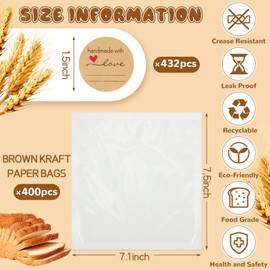 400 Pcs Heat Sealable Bakery Bags with Window 7.1 x 7.5 Inch Grease Resistant Kraft Cookie Bags Pastry Bags with Paper Stickers for Packaging Donut Bread Cookie Goods Sandwich Baked Treat (White)