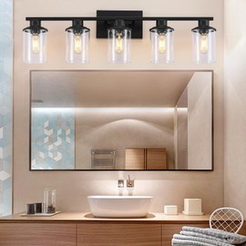 LOUSACE 5 Light Bathroom Vanity Light, Matte Black Bathroom Light Fixtures, Modern Bathroom Lights Over Mirror with Clear Glass Shade, Wall Sconce Lighting for Bathroom Bedroom Living Room