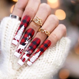 24Pcs Christmas Press on Nails Long Coffin Fake Nails Red and White False Nails with White Elk & Christmas Tree Design Glossy Glue on Nails Stick on Nails for Women and Girls Xmas Nail Art Decoration