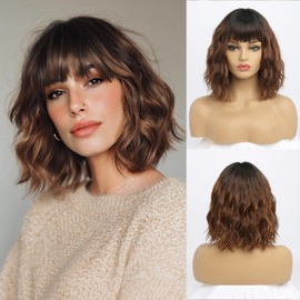YaissmyLu Chestnut Brown with Light Brown Wigs Short Wavy Bob Wig with Bangs Medium Lenth Synthetic Hair for Daily&Cosplay(12 Inch)