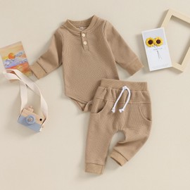 Kuriozud Newborn Baby Boy Clothes Solid Color Button Long Sleeve Romper Bodysuit Pants Set Infant Soft Fall Winter Outfit waffle khaki 6-9 Months