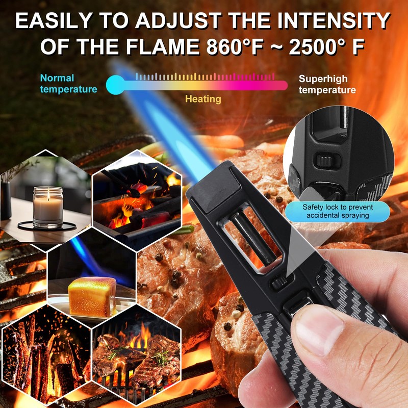 Butane Torch Lighter， Refillable Butane Torch with Safety Lock， Adjustable