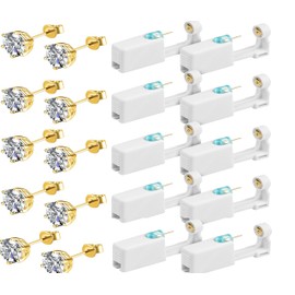 Liahelianx Pistola Perforadora Profesional 10 en 1 - Kit Perforación Orejas Estéril Sin Dolor con Pendientes Circonita 5mm Hipoalergénicos, Seguro para Niños y Adultos en Casa (Oro)