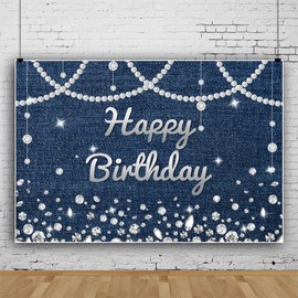 Happy Birthday Backdrop Denim Backdrop for Party Denim and Diamonds Pearl Backdrop for Photography Birthday Party Decorations Baby Shower Portrait Photo Booth Props Vinyl 7x5ft