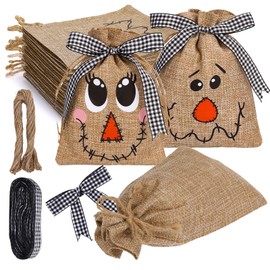 FYSUIMU 24Pcs Fall Burlap Drawstring Bags with Ribbon Rustic Farmhouse Autumn Scarecrow Face Linen Treat Bag Candy Gift Pouches for Harvest Thanksgiving Party Favors