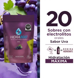 Electrolitos Sin Azucar | Bolsa 20 Sobres Uva en Polvo Sin Calorías Vegano y Ecológico Soluble en Agua 600 ml | Hidratación Rápida para Deporte y Actividades | HIDRA2GO