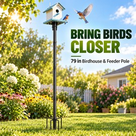 79 Inch Bird Feeder Pole, Heavy Duty 1 Inch Metal Birdhouse Mounting Pole with 5-Prong Ground Base and Platform