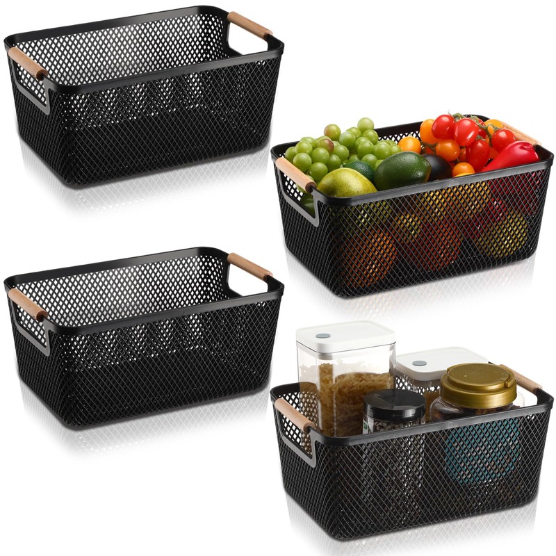 Tioncy 4 Pcs Plastic Mesh Baskets with Wood Handle Woven