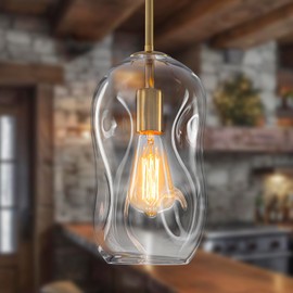 Kitchen Island Pendant Lights Gold Vintage Blown Glass Pendant Light Fixtures Farmhouse Hanging Lighting 1 Light with 11.4in Height Clear Thick Organic Glass Shade for Kitchen Sink Bar, E26,1 Pack